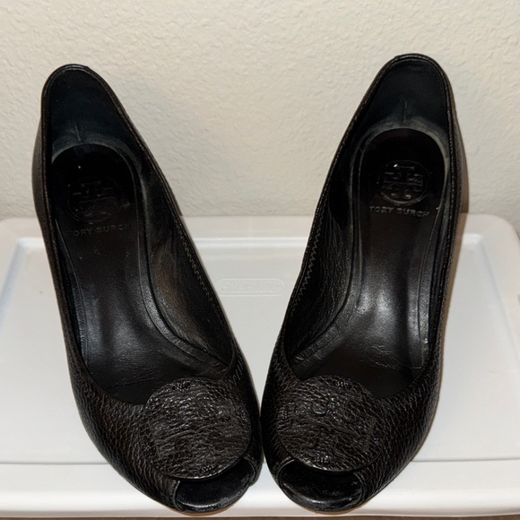 Tory Burch Shoes - Tory Burch Black Leather Peep-Toe Heels